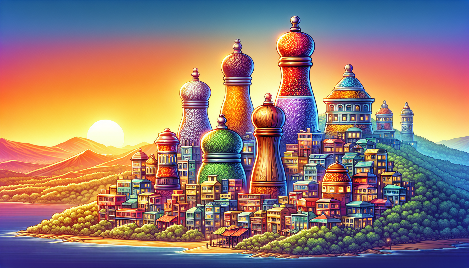 An imaginative digital painting of a hilltop city at sunset, where each building is creatively shaped like different spices and seasoning containers, with salt shakers prominently featured, symbolizin