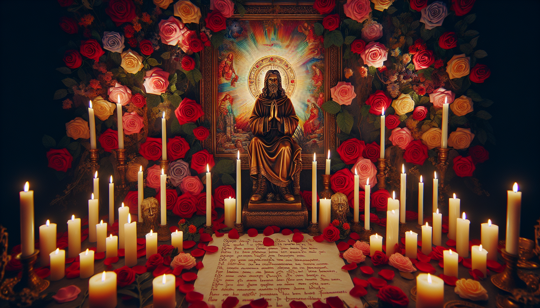 An enchanting candlelit altar with a venerable statue of Saint Jude Thaddeus surrounded by vibrant red roses and lit candles, with a handwritten prayer for finding true love delicately placed in front