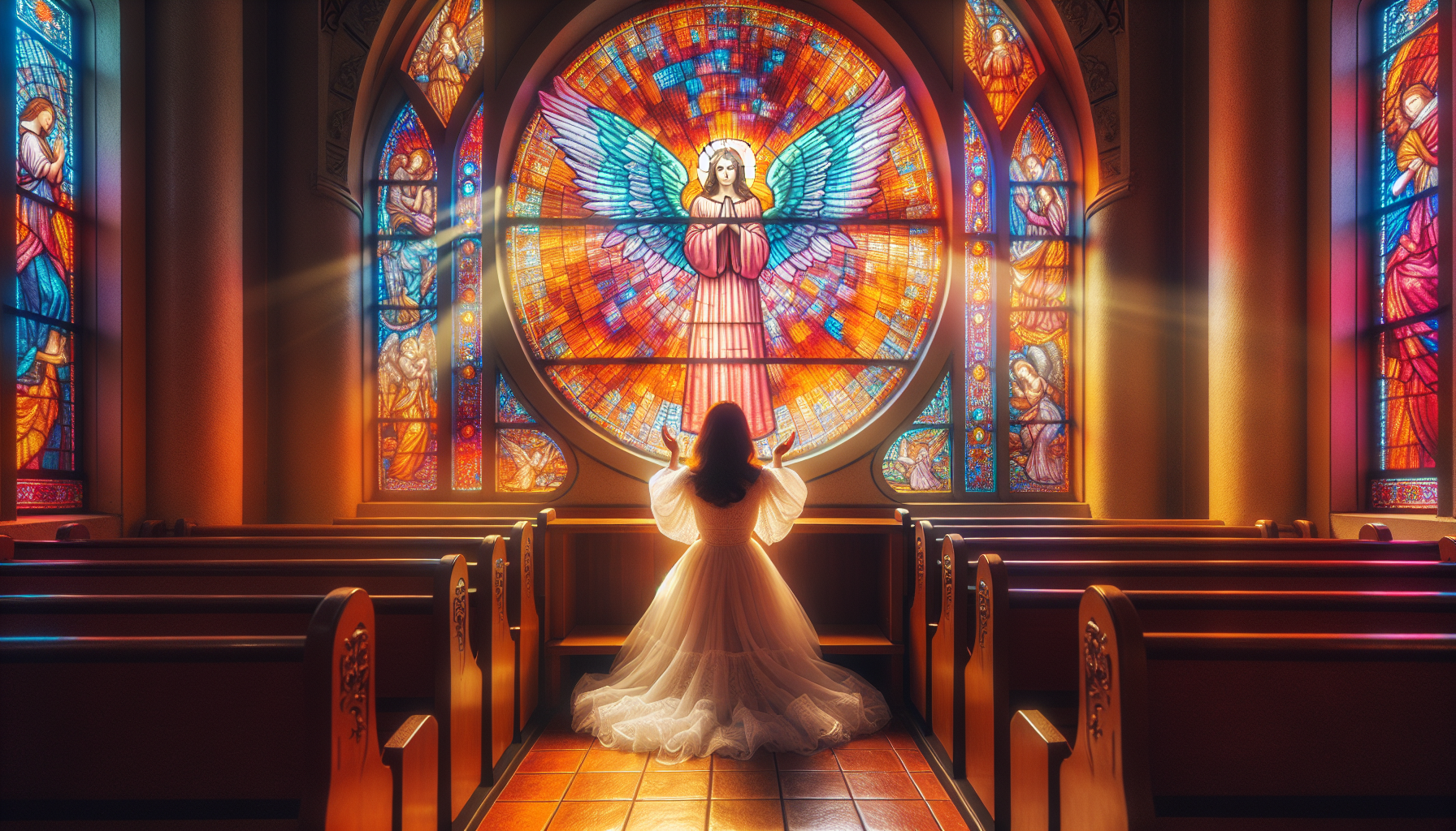 An ethereal, warmly lit chapel interior, with a middle-aged woman in a flowing white dress kneeling devoutly at a wooden pew, her hands clasped in prayer. Above her, a stained glass window depicting a