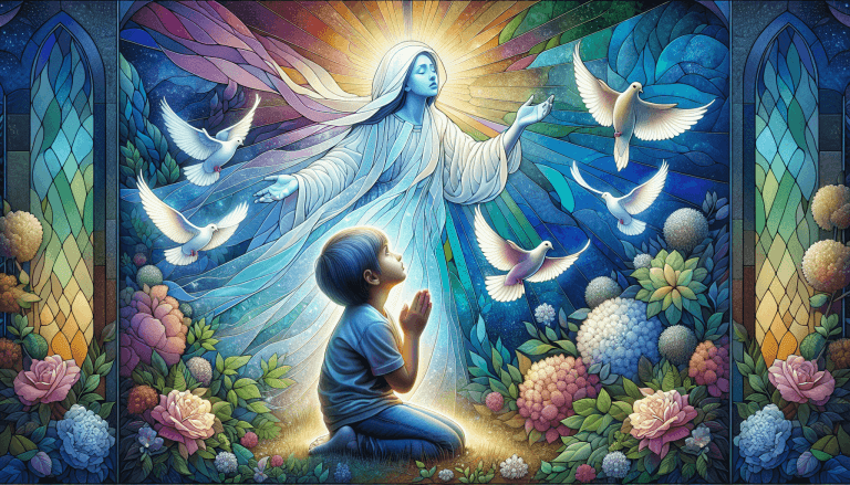 Serene illustration of a small child kneeling in prayer in a peaceful garden, looking up with a hopeful expression at a gentle, glowing depiction of the Virgin Mary surrounded by white doves and soft