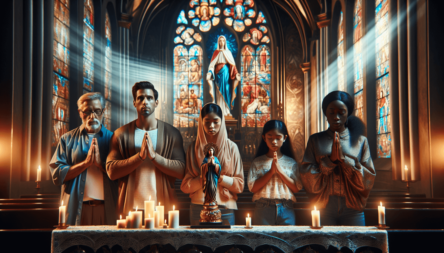 An artistically rich and spiritual illustration of a diverse group of people of various ages and ethnicities gathered in a serene, candle-lit church, praying together in front of a beautifully detaile