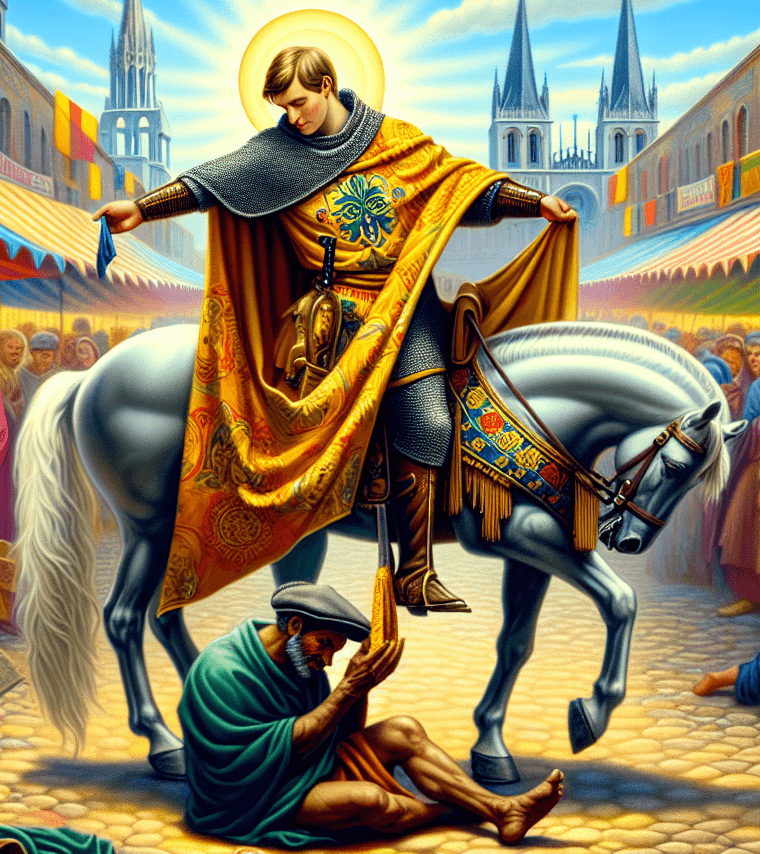 An artistic depiction of Saint Martin of Tours, the patron saint of business, portrayed as a medieval knight on horseback generously sharing his cloak with a beggar in a bustling marketplace setting,