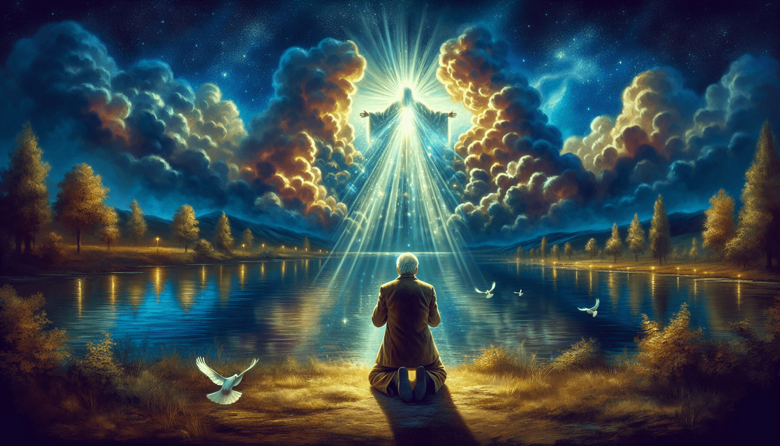 An elderly man kneeling beside a serene lake under a starlit sky, praying to a glowing figure of Saint Peter who is parting clouds above, surrounded by a flock of doves and shimmering light rays illum