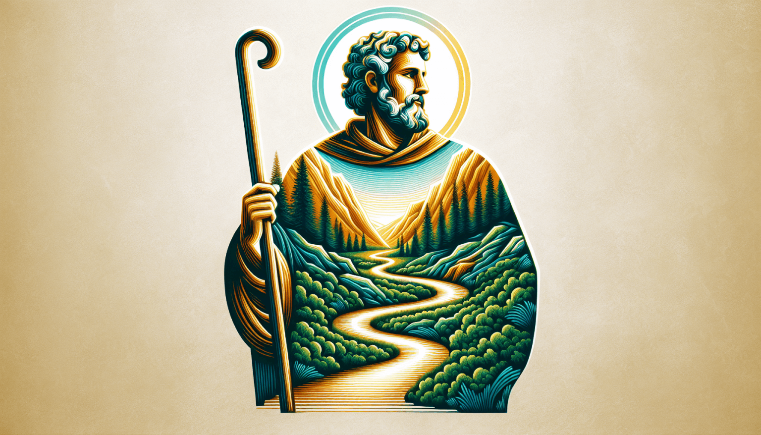 An artistic depiction of Saint James the Apostle standing in a picturesque pathway leading through stunning woodland scenery, holding a staff and radiating a warm, subtle glow, symbolizing guidance an