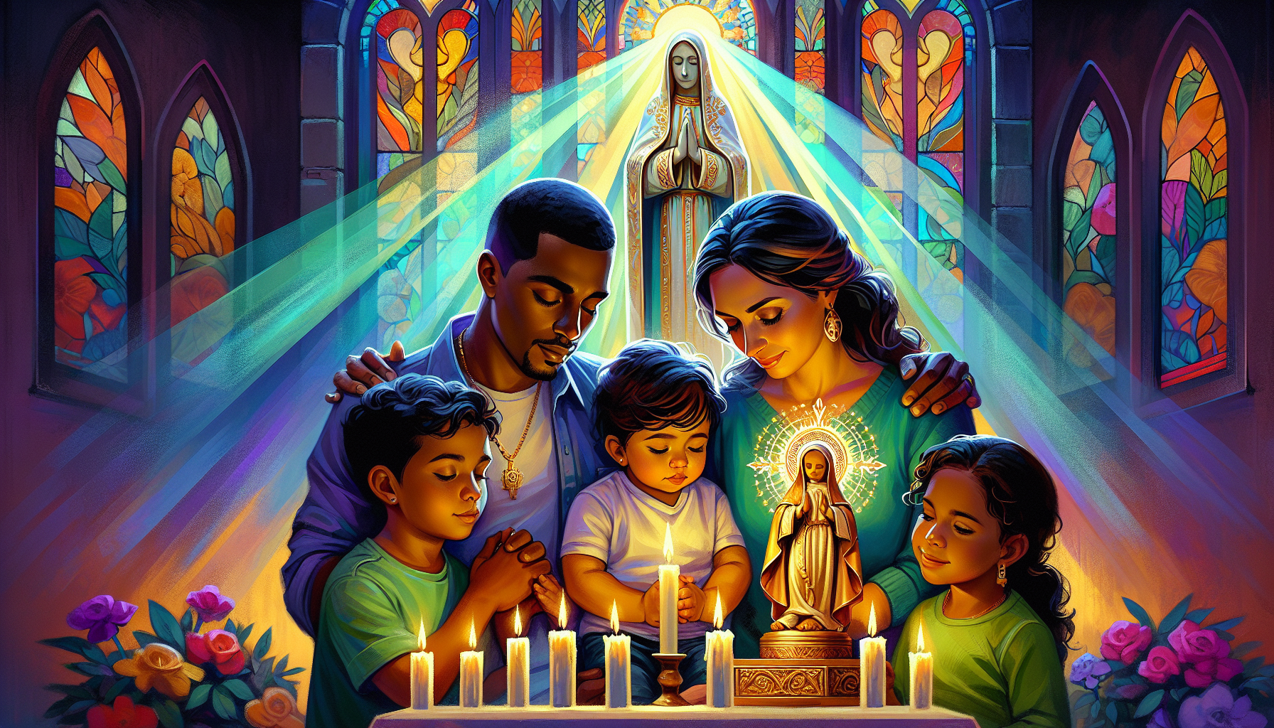 Digital painting of a serene and hopeful family of diverse backgrounds gathered in a candle-lit room, praying together in front of a beautifully detailed statue of the Divino Niño Jesús, with soft ray