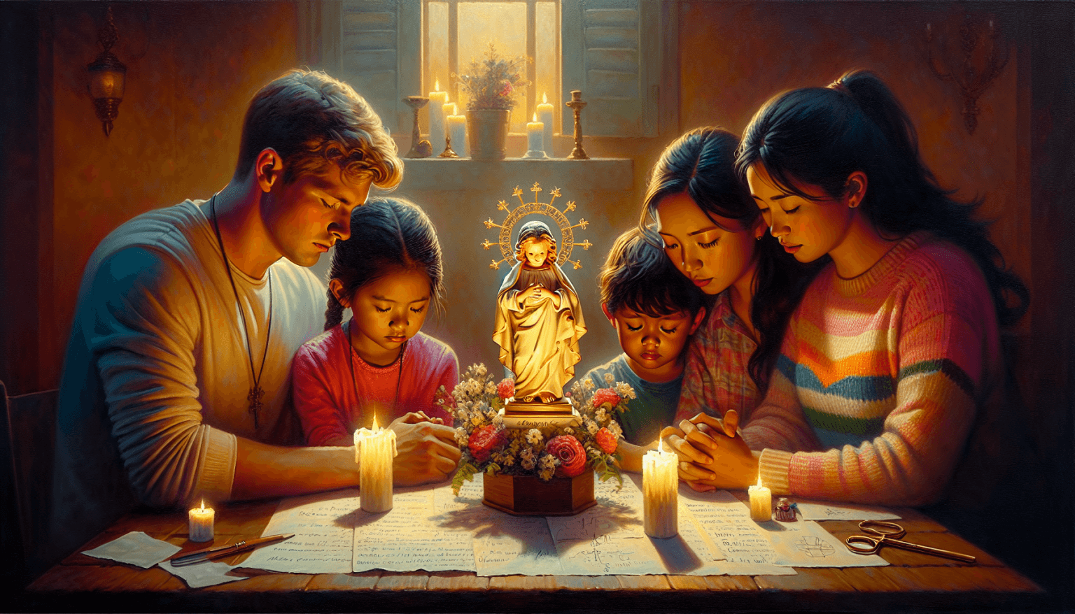 Painting of a serene and colorful scene where a young family is gathered in a humble, candle-lit home, praying to a small statue of the Divino Niño Jesús placed prominently on a simple wooden table, s