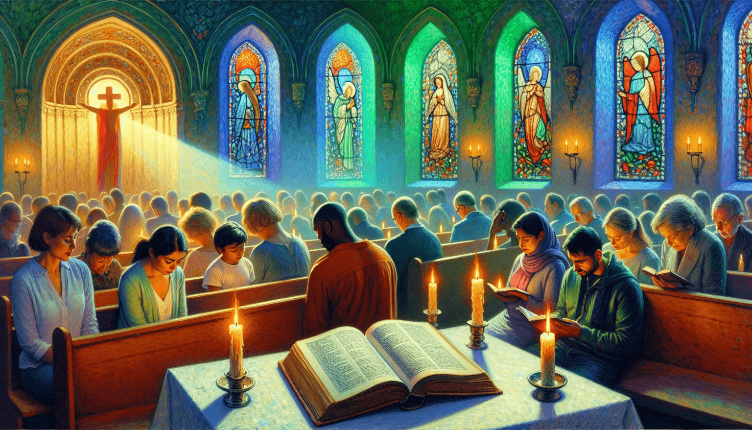 Serene chapel filled with soft light, candles flickering, an open ancient book illuminated by the candlelight, and stained glass windows depicting guardian angels, with people of diverse backgrounds s
