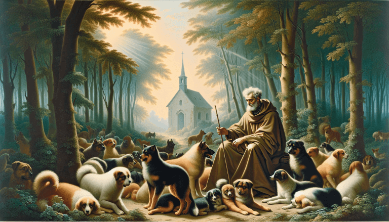 An artistic depiction of Saint Roch (San Roque) in a serene forest, surrounded by a diverse group of dogs, some sitting peacefully at his feet, others playing gently around him. Rays of sunlight filte