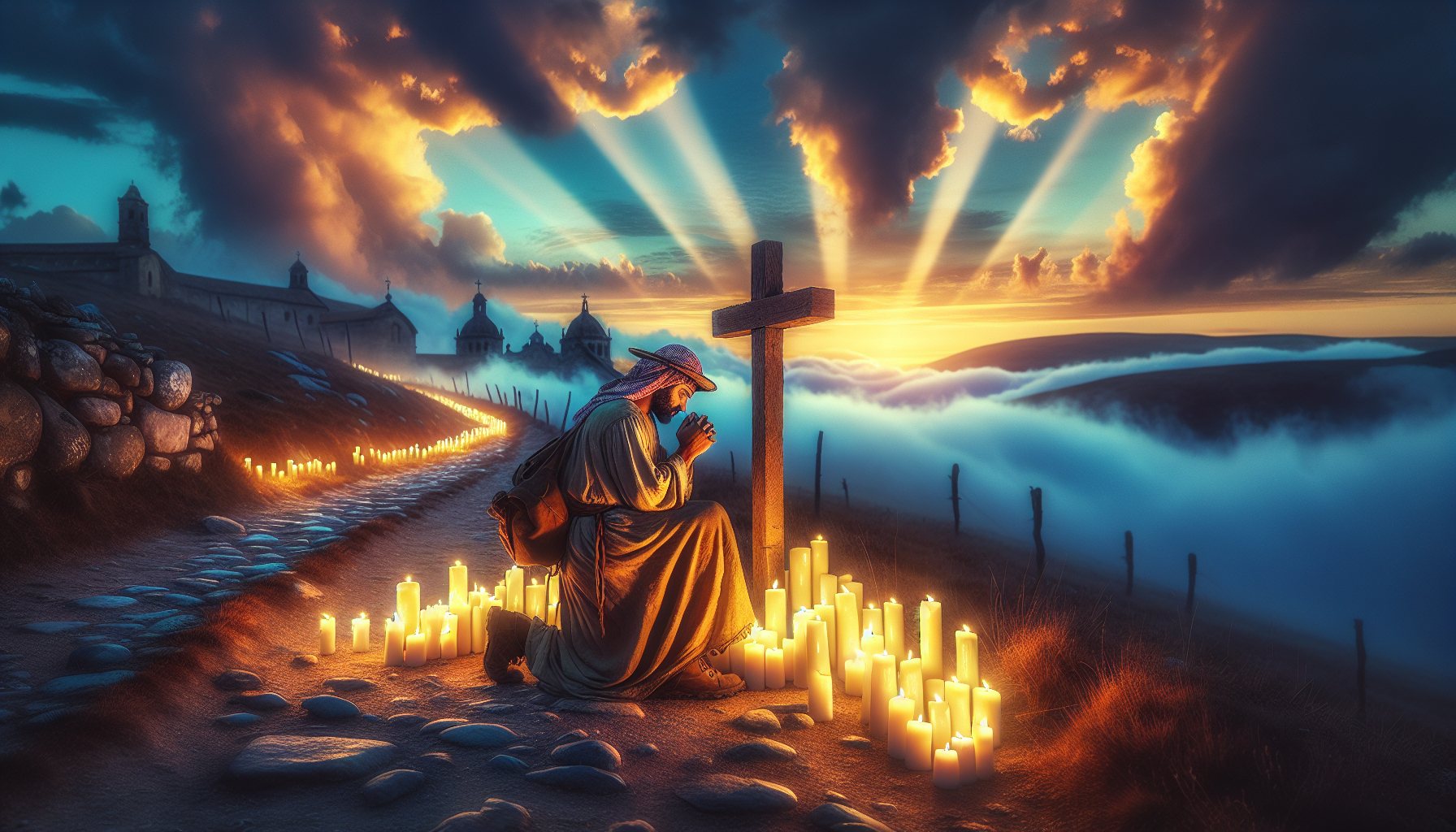A serene, twilight scene on the ancient paths of Camino de Santiago with a solitary pilgrim kneeling by a rustic wooden cross, surrounded by glowing candles. The pilgrim, clad in modest attire, holds