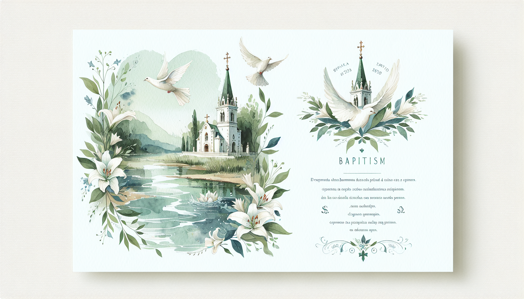 An artistically designed baptism card with delicate watercolor illustrations, featuring gentle tones of blue and green, showcasing a peaceful scene with a traditional church, a flowing river symbolizi
