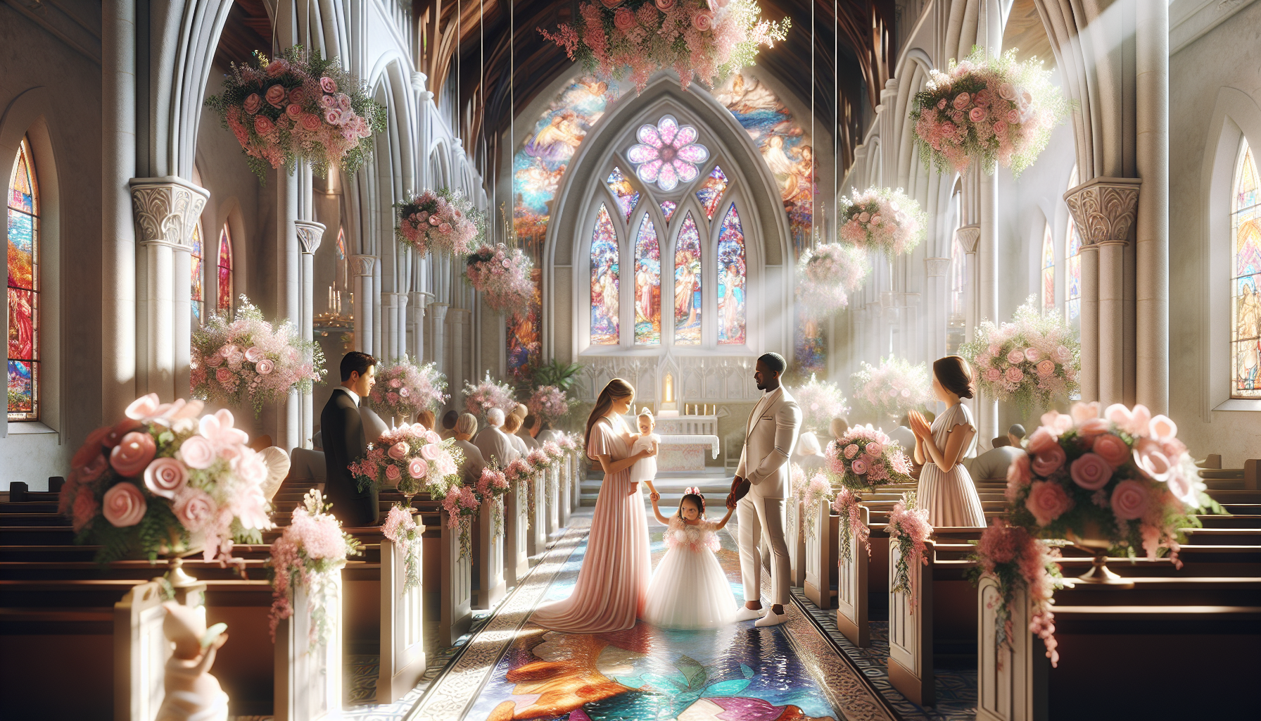 An elegant baptism ceremony for a baby girl, with a serene church setting decorated with white and pink flowers, the family dressed in formal pastel attire, and sunlight streaming through stained glas