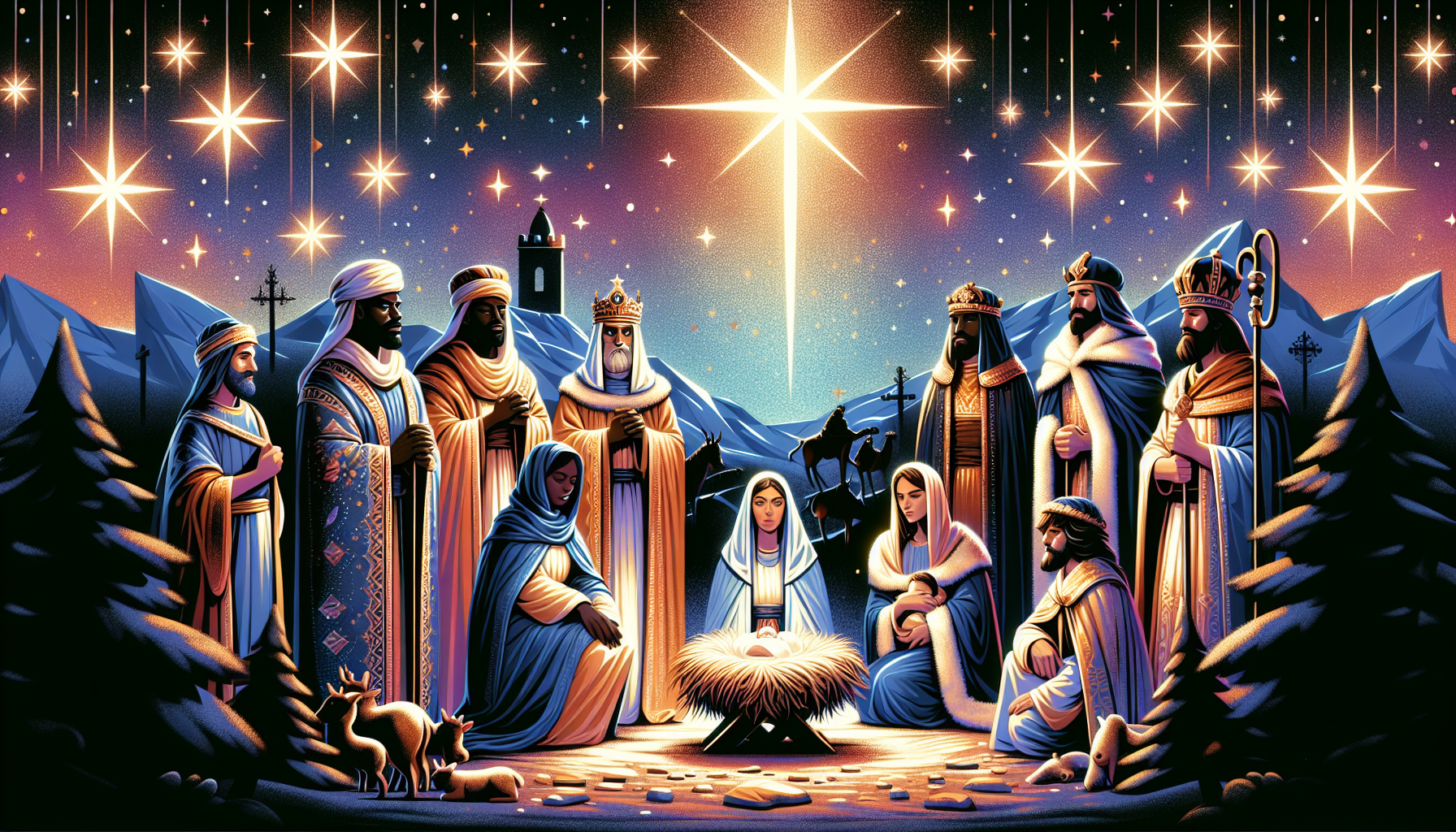 Artistic interpretation of the birth of Jesus in a traditional Nativity scene set in Bethlehem, with diverse cultural elements to represent His universal significance, under a starry night sky illumin