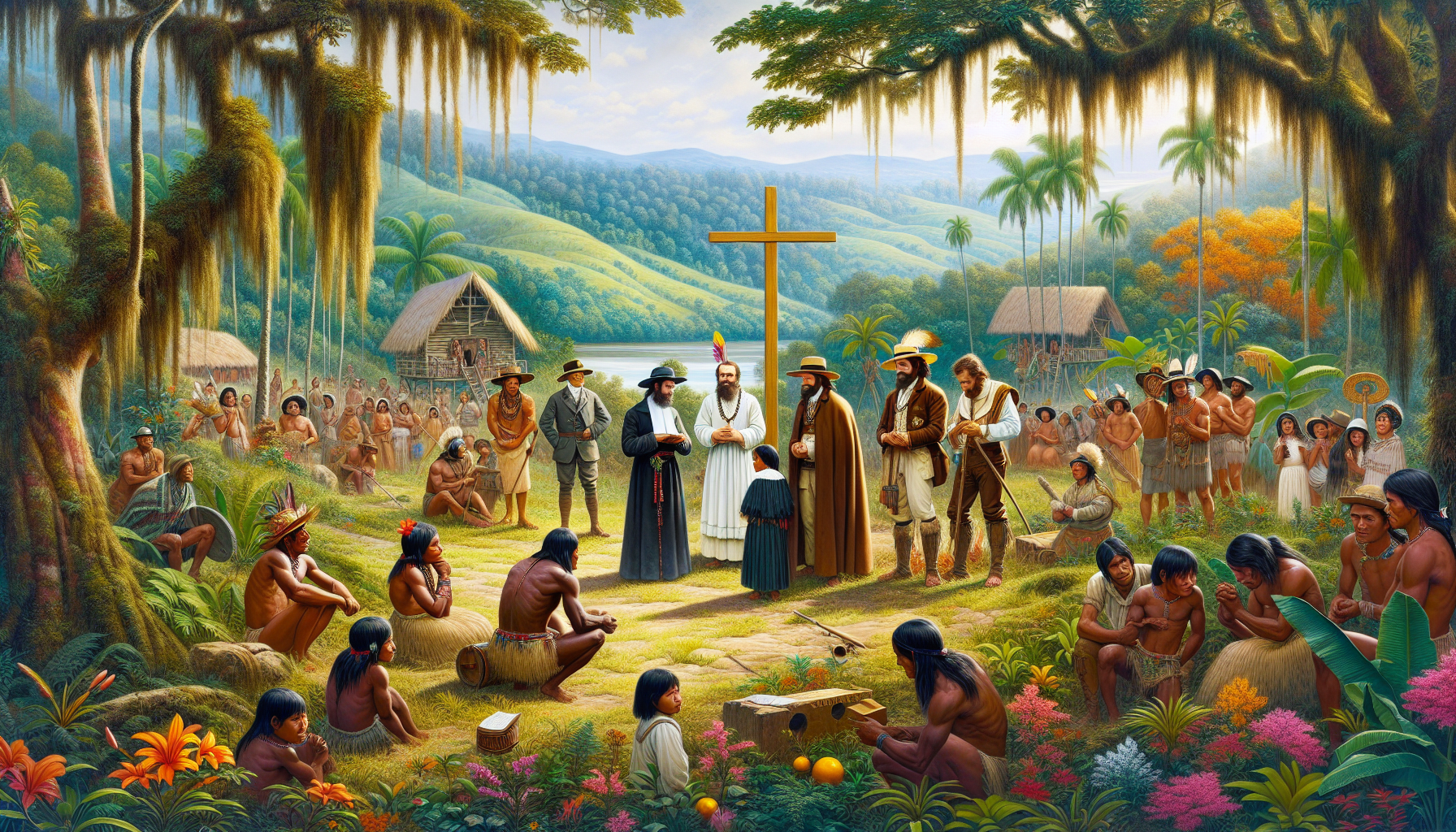 Artistic representation of early Christian missionaries preaching to indigenous Colombian tribes in a lush Andean landscape, surrounded by Colombian flora and fauna, with a small wooden cross being er