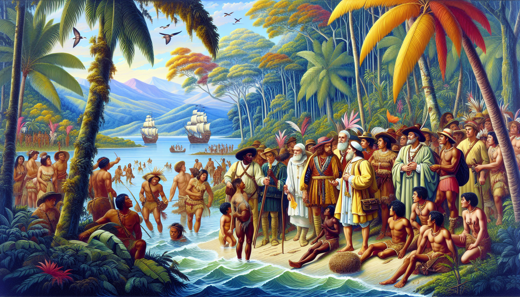 Painting of early Christian missionaries arriving on the shores of Costa Rica, interacting with indigenous people under tropical trees, with a background of dense rainforest and distant mountains, in
