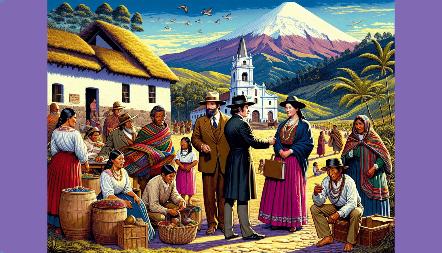 An illustrative scene showing early Christian missionaries arriving in Ecuador, exchanging cultural symbols and teachings with indigenous people amidst the lush Andean landscapes, with a traditional E