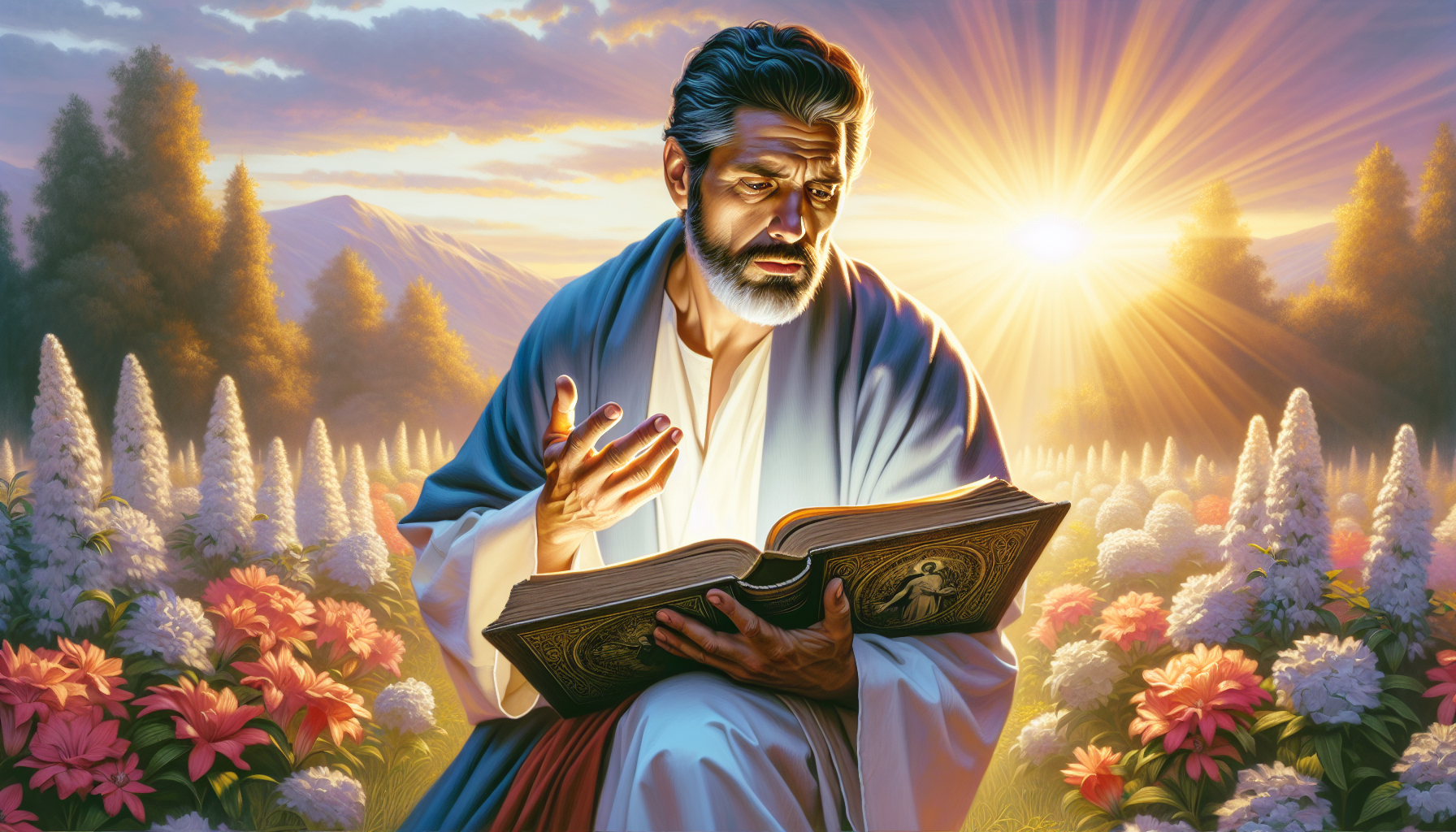 Pedro reflexionando profundamente sobre la resurrección de Jesús en un tranquilo jardín al amanecer, con un libro antiguo abierto en sus manos y una expresión de asombro y contemplación en su rostro,