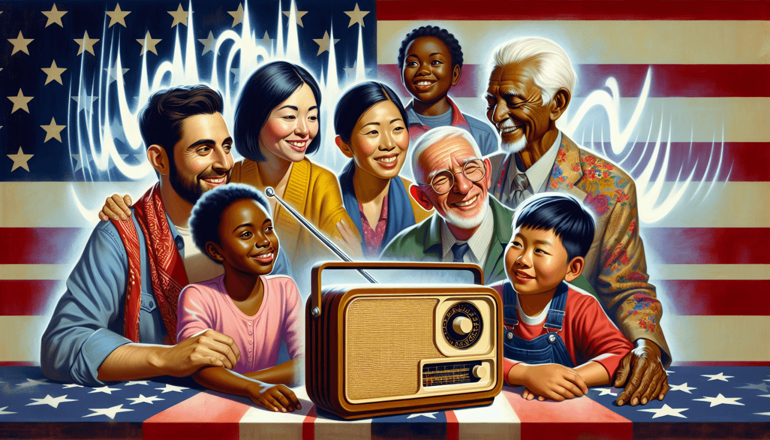 Create an image of a diverse group of people in the United States, gathered around a radio tuned to a Spanish-language Christian station, with expressions of joy and spiritual connection on their face