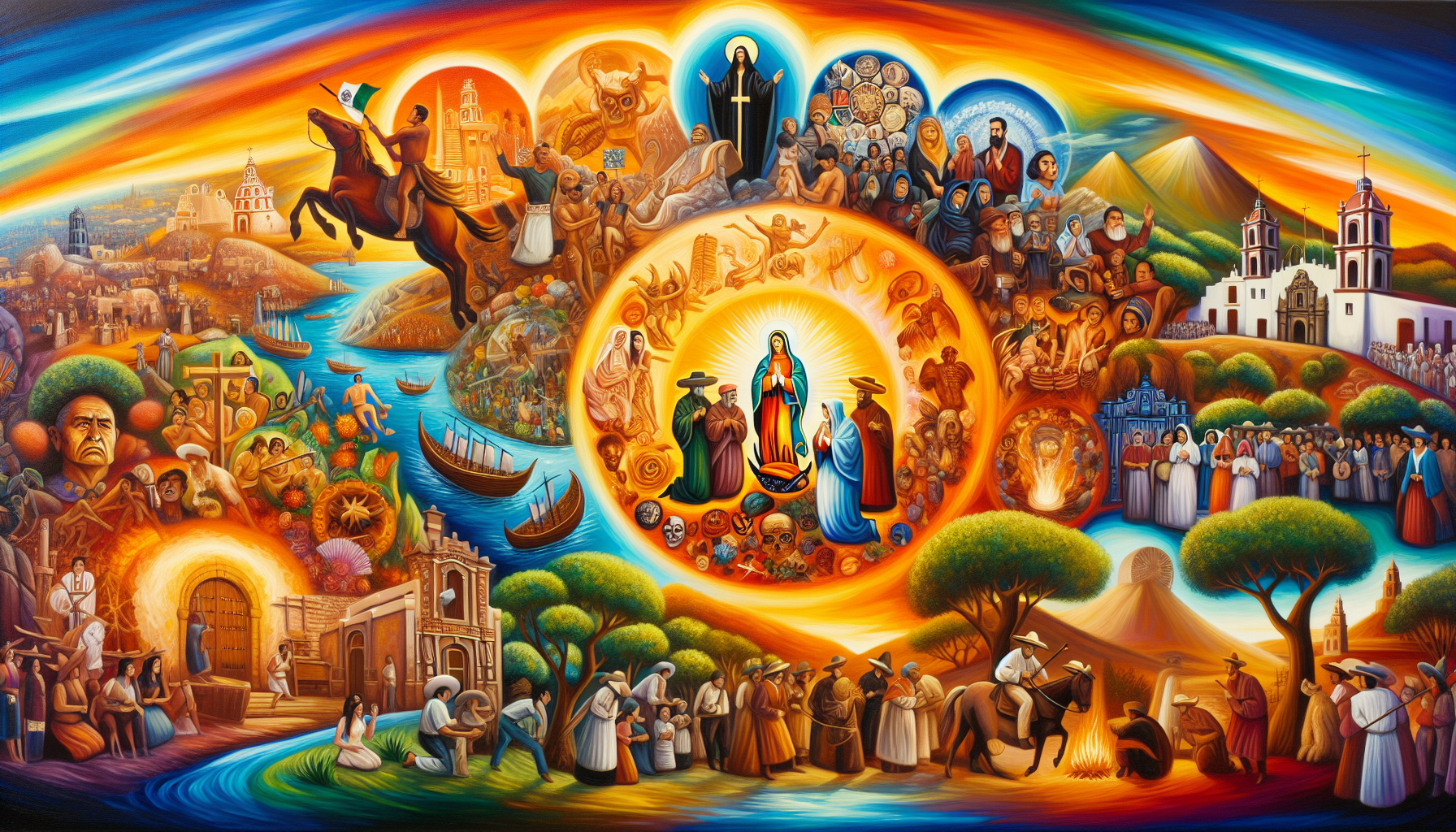 Colorful painting depicting a montage of historical scenes showing the evolution of Christianity in Mexico, including indigenous influences, Spanish missionaries, and modern religious practices, set i