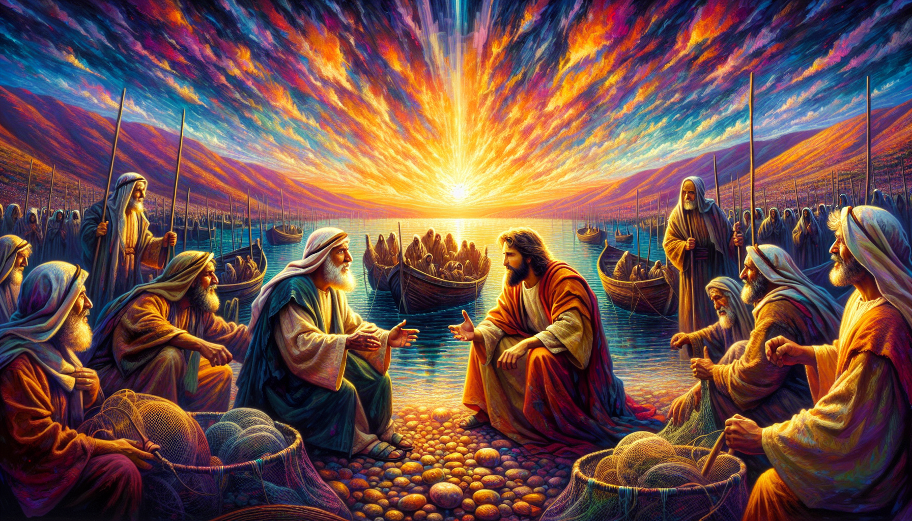 Vibrant painting depicting the biblical scene where Simón and Andrés first meet Jesus by the Sea of Galilee, filled with rich colors and emotional expressions, showcasing the moment of their decision