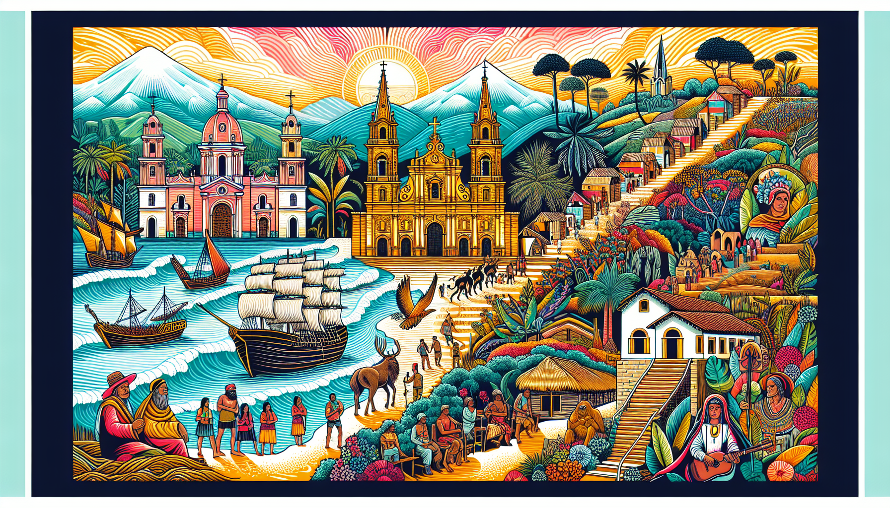 An intricate painting depicting a timeline of Christianity in Colombia, showing Spanish missionaries arriving, indigenous conversions, and the evolution of church architecture from colonial to modern