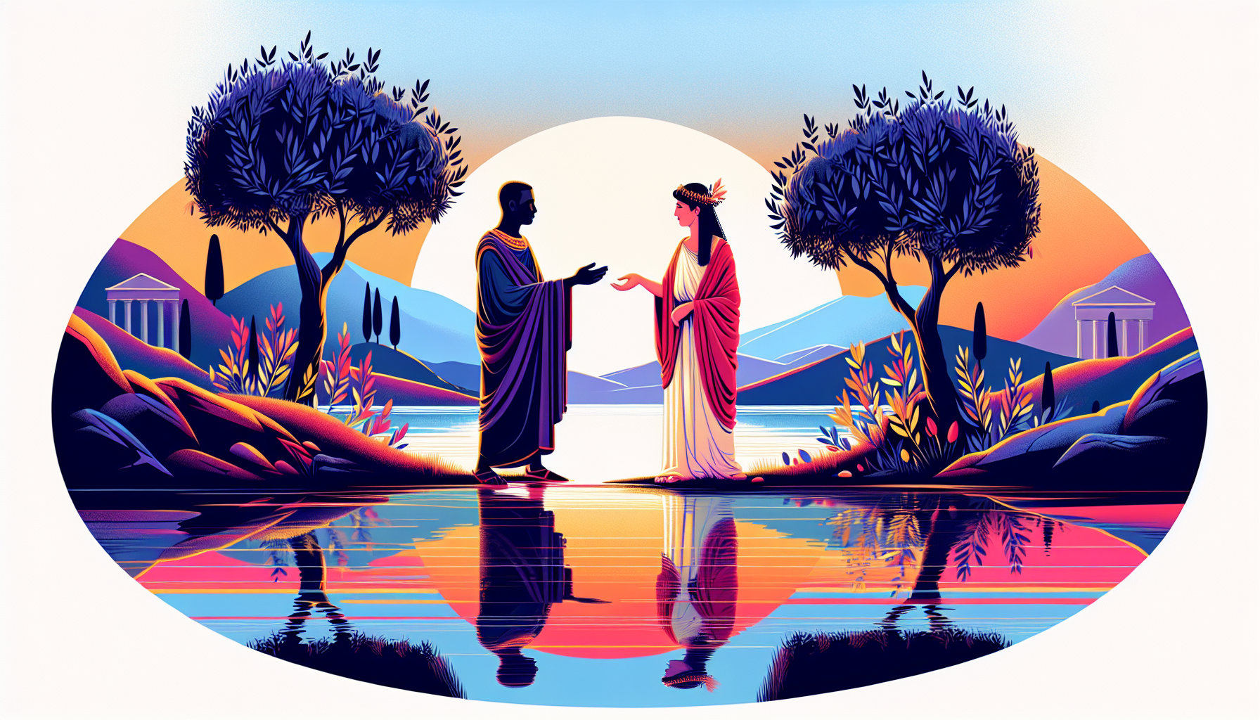 Peaceful landscape depicting a serene lake reflecting a vibrant sunrise, with two figures in ancient Roman attire standing on the shore, discussing with gentle gestures, surrounded by olive trees, sym