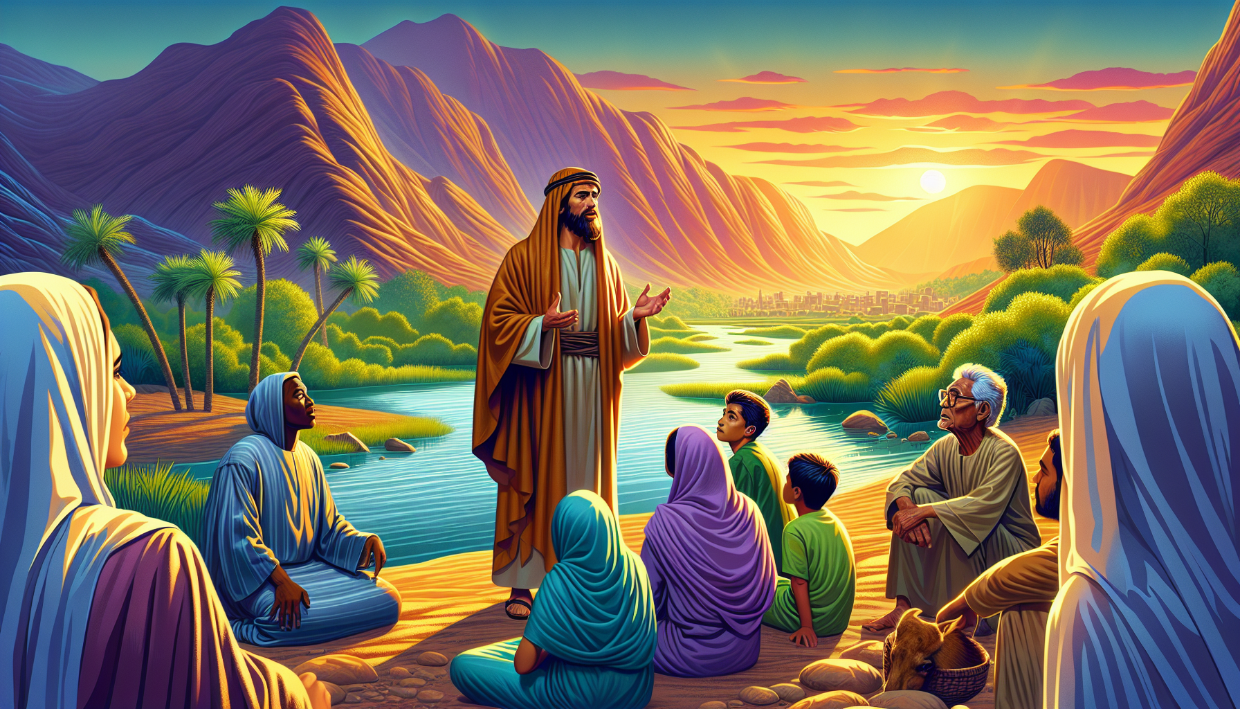 Artistic rendition of Saint John the Baptist in a serene desert landscape, wearing camel skin and preaching to a small, diverse group of attentive listeners, with a river and lush trees in the backgro