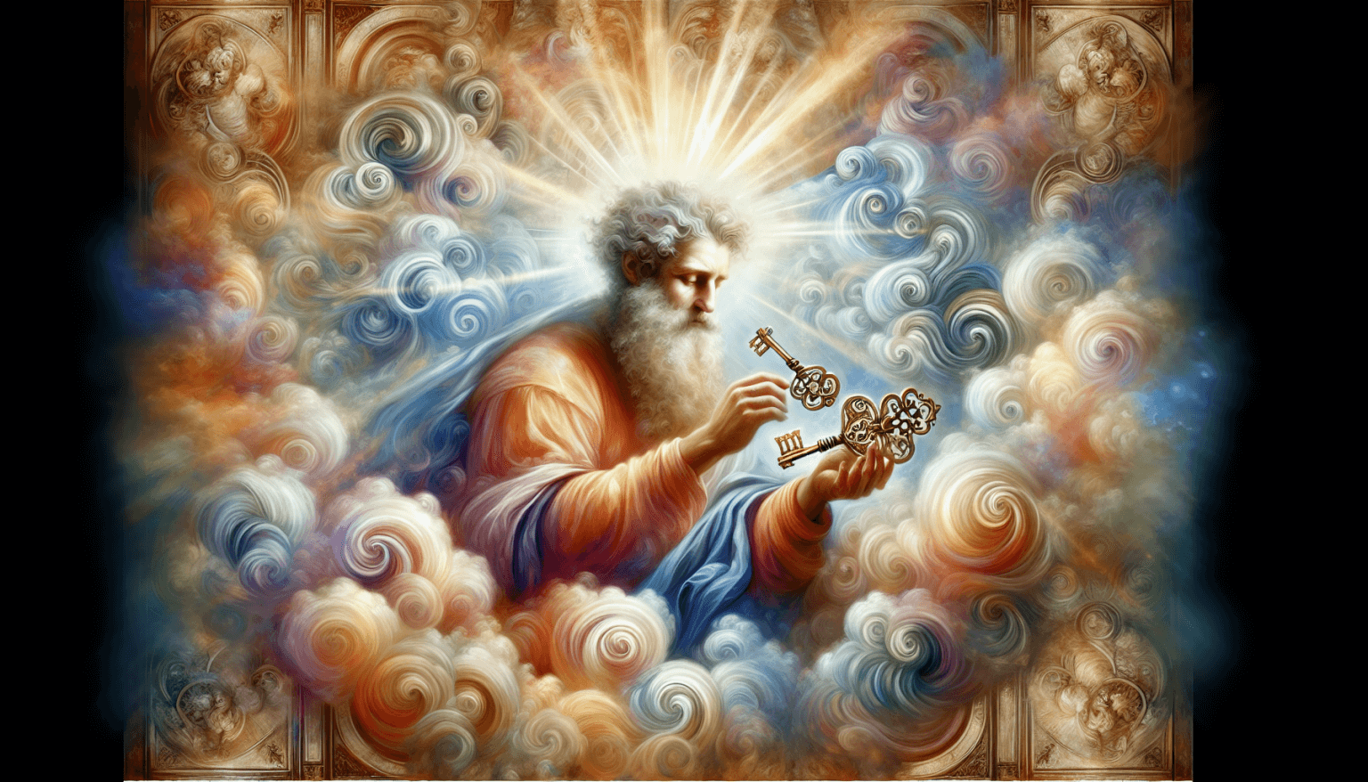 An ethereal painting depicting Saint Peter holding a set of golden keys, with intricate swirling clouds and beams of divine light illuminating him from the heavens, in a Renaissance style.