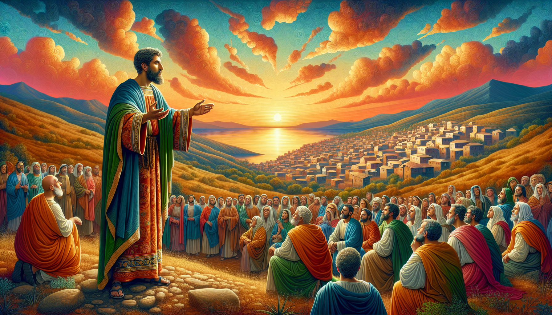 An artistic representation of San Simon Apostol, dressed in traditional biblical attire, standing on a hill with a scenic panoramic view of a small ancient village in the background, under a radiant s