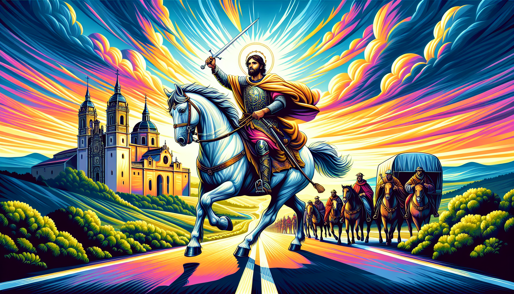Colorful painting of the Apostle Saint James (Santiago Apóstol) riding a white horse, wielding a sword, under a dramatic sky, with medieval Spanish scenery in the background and groups of pilgrims on