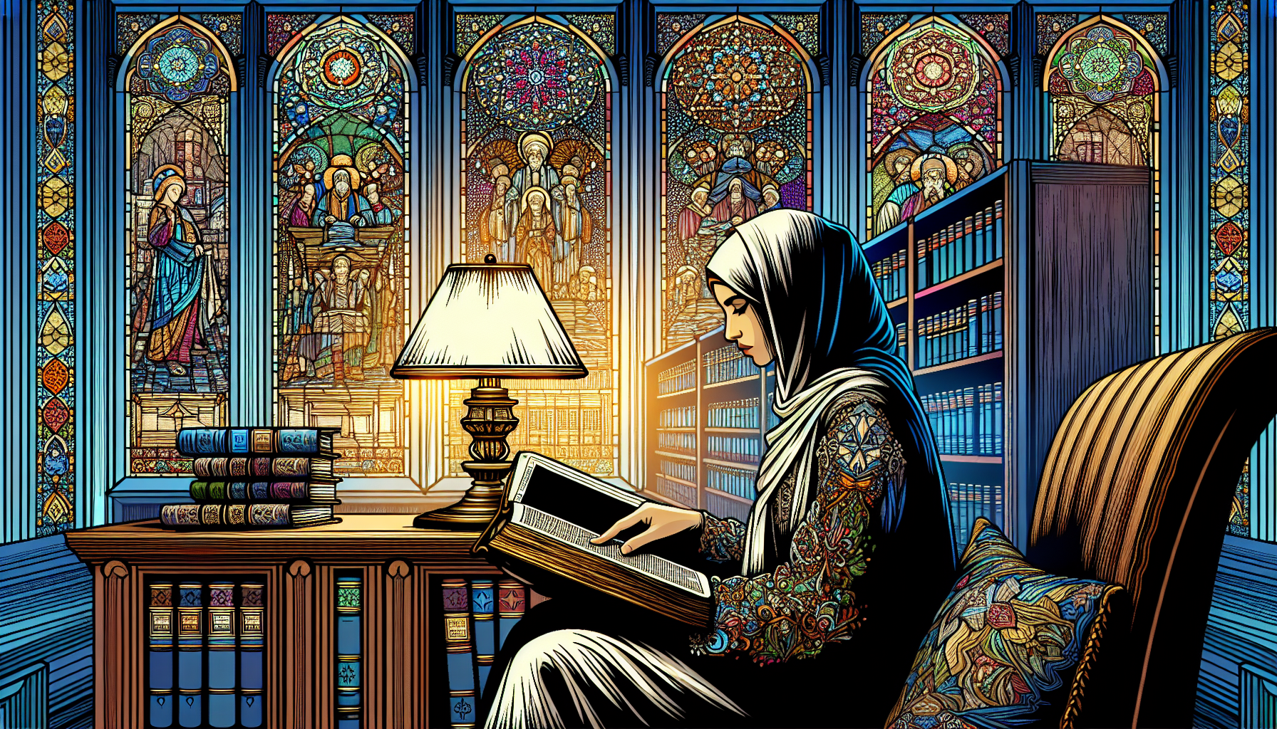 Una imagen de una persona leyendo una biblia grande y antigua bajo la luz suave de una lámpara en una biblioteca clásica, con vitrales que muestran escenas de justicia bíblica en el fondo.