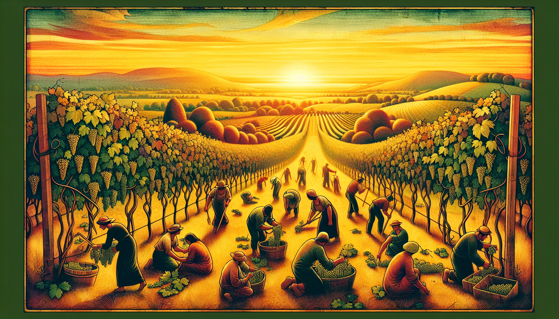 Un pintoresco viñedo en tiempo de cosecha al atardecer, iluminado por la cálida luz del sol, con trabajadores recolectando uvas y al fondo colinas suavemente onduladas, en un estilo de pintura renacen