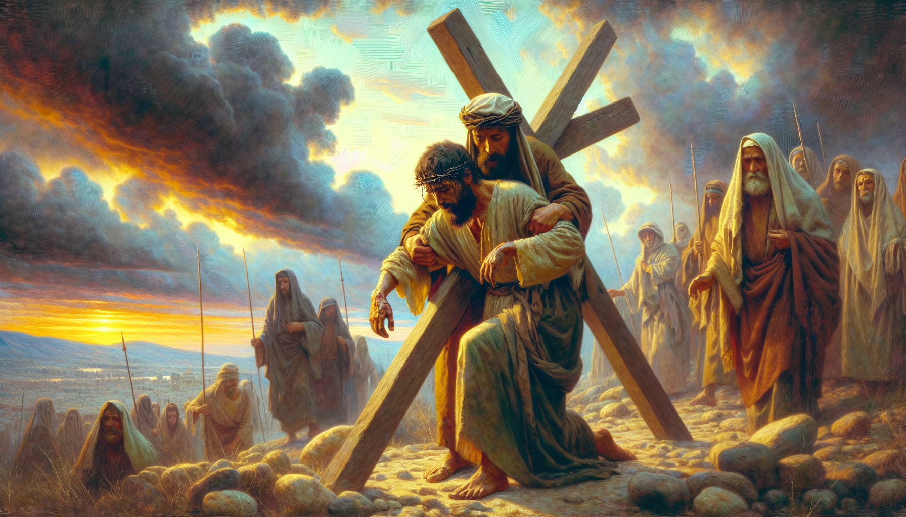 Evocative painting of Simon of Cyrene aiding Jesus with the cross on the path to Calvary, capturing a poignant moment of struggle and compassion under a dramatic, cloudy sky in a bustling biblical-era
