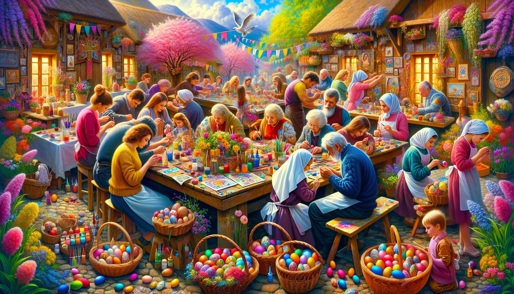 Colorful Easter egg painting workshop in a rustic village setting, with people of diverse ages and ethnicities joyfully decorating eggs around a wooden table, surrounded by baskets of colorful eggs, s