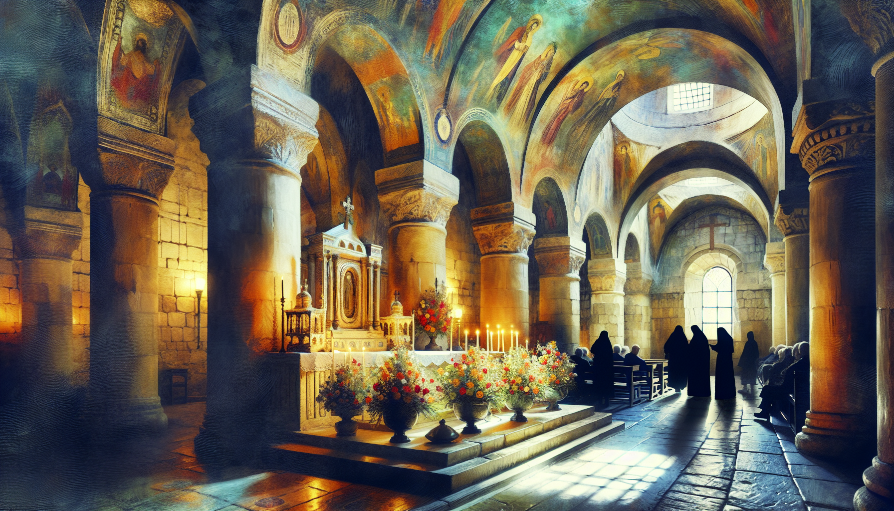 Serene, ethereal painting of a historic church interior with soft lighting, featuring ancient stone walls and religious artifacts prominently displaying the supposed location of the resting place of t
