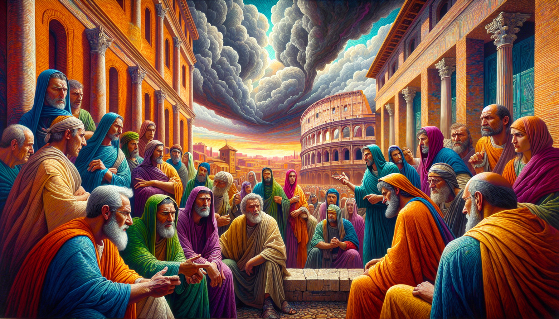 An artistic depiction of an intense discussion between Roman authorities and early Christians in an ancient Roman cityscape, highlighting the tension and perceived threat, with visible expressions of