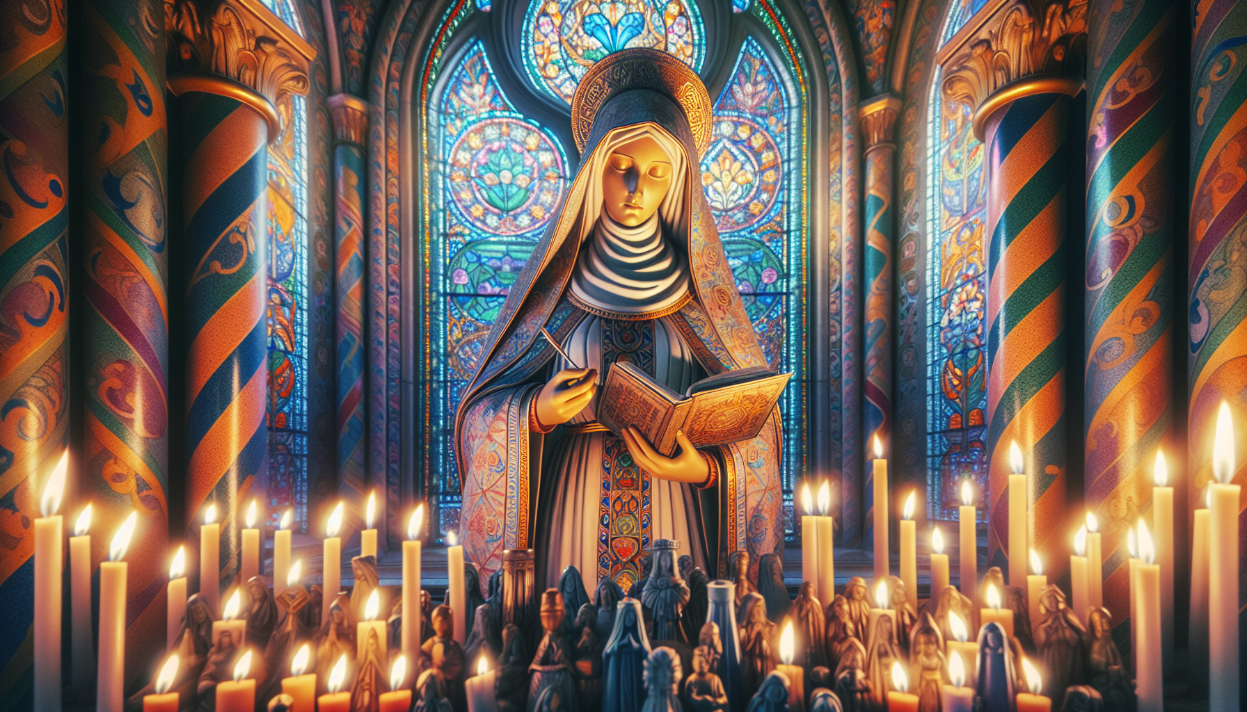 Create an image depicting a serene and sacred setting with a statue of Saint Bridget of Sweden holding a book of prayers. Surround her with soft candlelight and intricate stained glass windows. The at