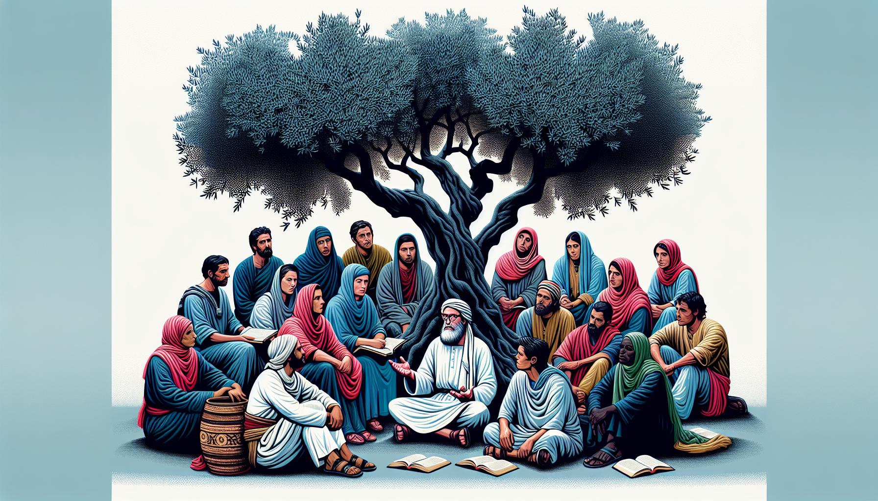 Artistic representation of Jesus sitting under an ancient olive tree, teaching a diverse group of people from different cultures about acts of kindness and compassion.