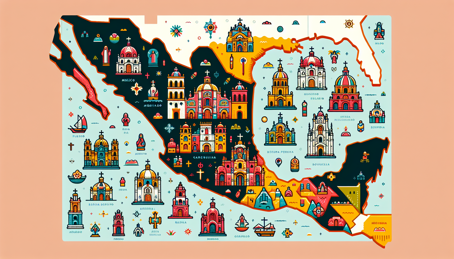Create an image of a map of Mexico highlighting the locations of various basilicas across the country. Each basilica should be represented by a different icon or color to differentiate them, providing