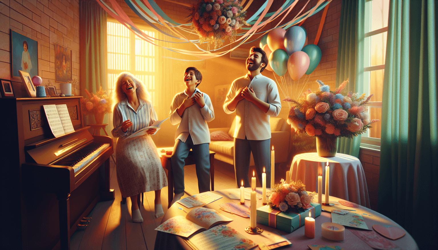 A warm, cozy living room at sunset, decorated with pastel-colored streamers and balloons. A family of diverse Latin American descent, including a smiling mother, father, son, and daughter, are gathere