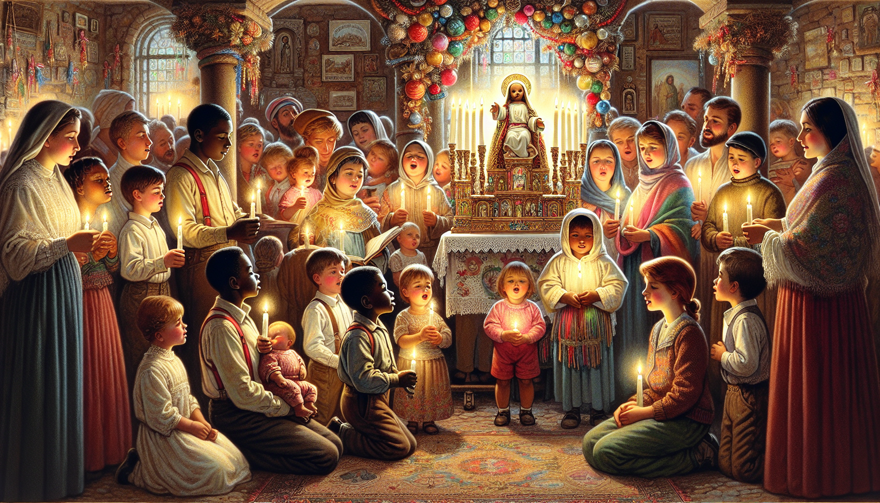 An evocative tableau depicting children and adults from diverse backgrounds gathered in candlelight, singing devotional songs to a beautifully adorned figurine of the Niño Jesús in a rustic, warmly li