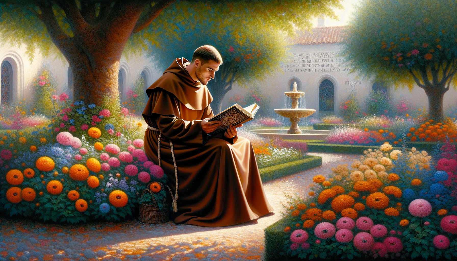 Portrait of a Franciscan monk in traditional brown robe, reading a historic scripture in a peaceful, sunlit monastery garden, surrounded by blooming flowers and a serene fountain.