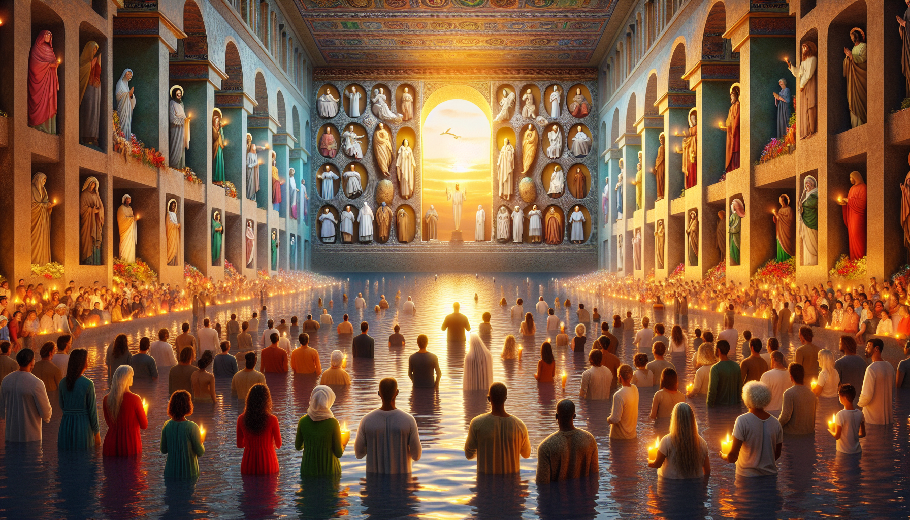 Serene digital artwork of a gathering at the Sunken Cathedral of Buenos Aires, depicting the diverse array of Argentine saints as they hover ethereally above a crowd of devoted worshippers, bathed in the golden glow of a setting sun, while the faithful carry candles and flowers, showing cultural elements typical of Argentina.