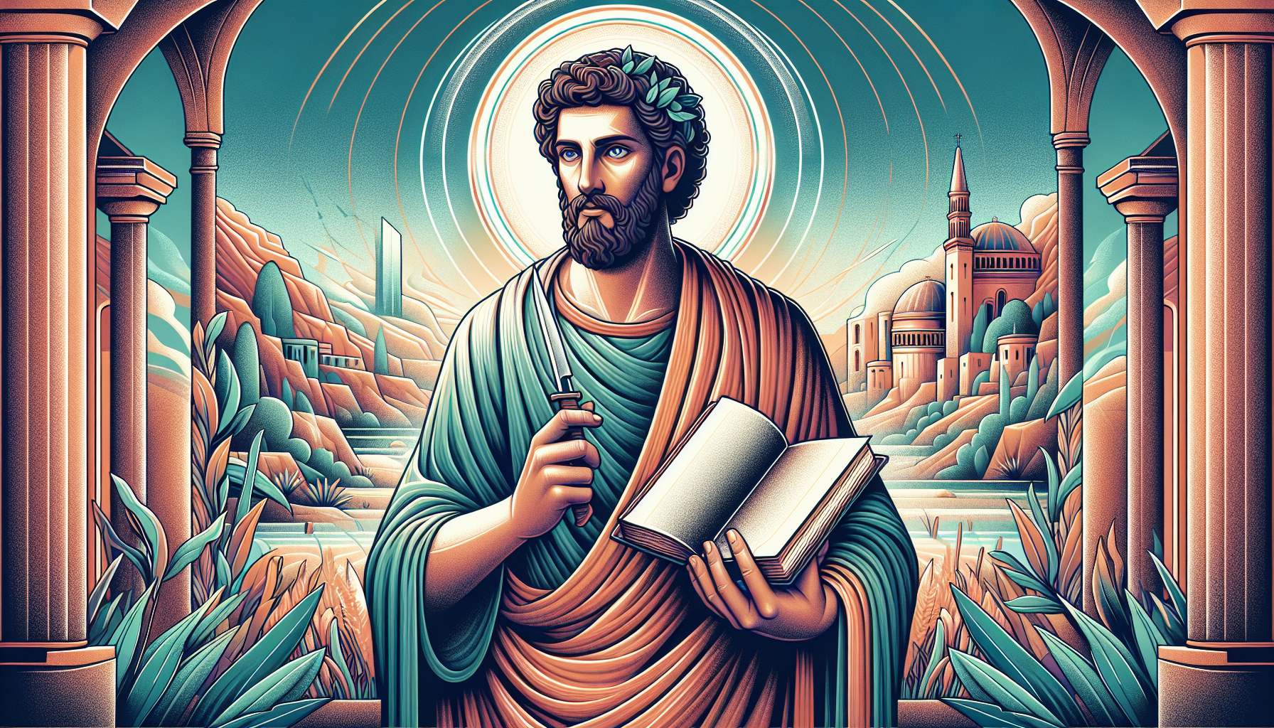 An artistic representation of Saint Bartholomew the Apostle, in a serene and ancient landscape, holding a book and a knife, symbolizing his martyrdom, with a gentle halo around his head and a subtly g