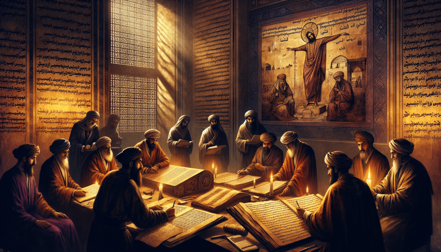 An ancient, candlelit manuscript room with scholars in traditional Middle Eastern attire examining texts and artifacts related to the death of the Apostle Matthew, with a dramatic depiction of his mar