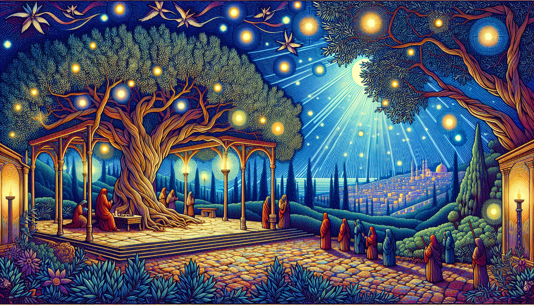 Create a detailed and vivid illustration of the Garden of Gethsemane, capturing its historical and spiritual significance. Include ancient olive trees with twisted branches, a serene night-time settin