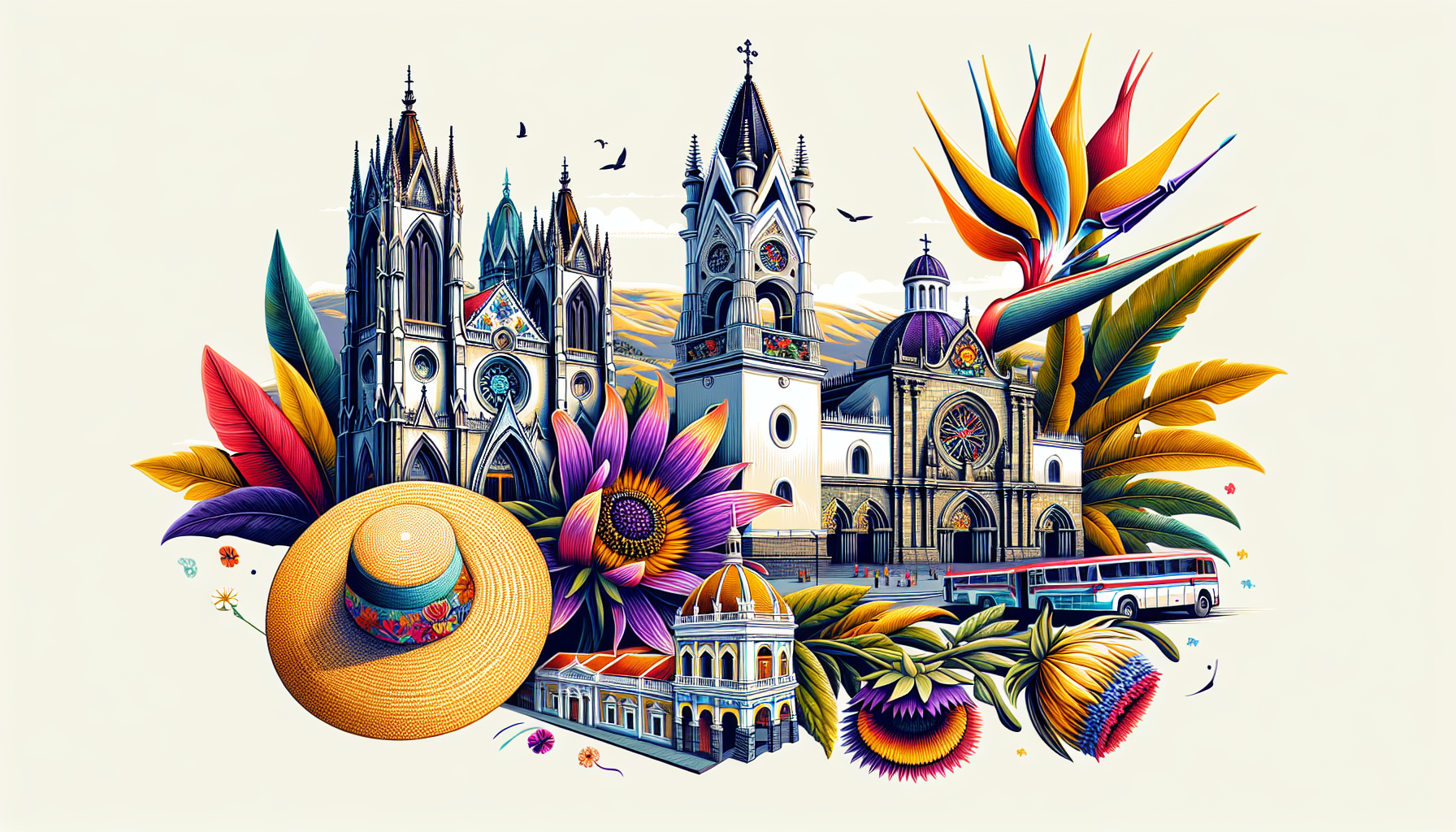 Create a picturesque scene illustrating the most iconic churches of Ecuador, featuring the neo-Gothic Basílica del Voto Nacional in Quito, the ornate La Compañía de Jesús, and the historic Cathedral o