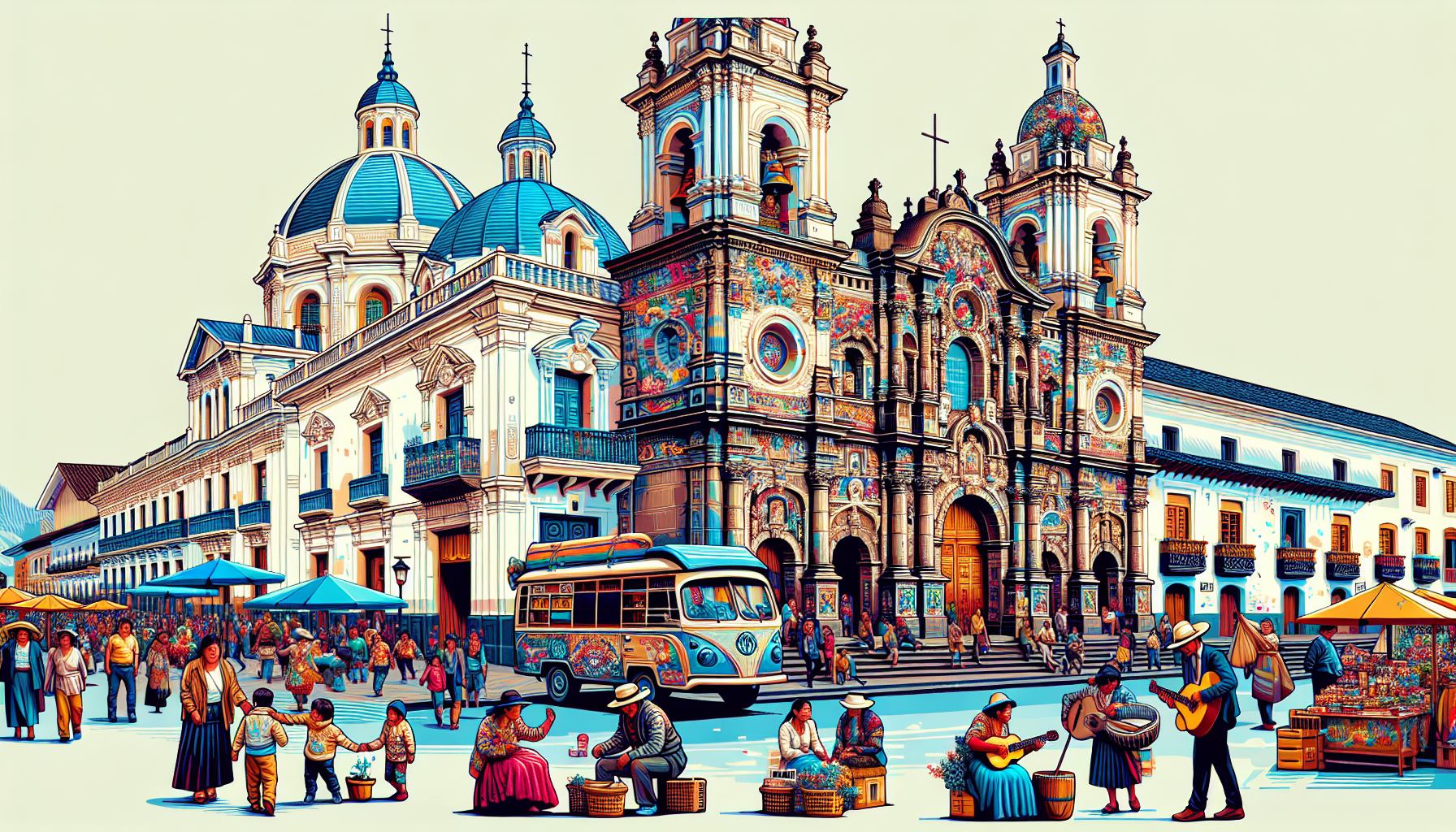 Create an image of the beautiful colonial churches in Quito, Ecuador, showcasing their stunning architecture. Highlight the intricate details of churches like La Compañía de Jesús with its ornate baro