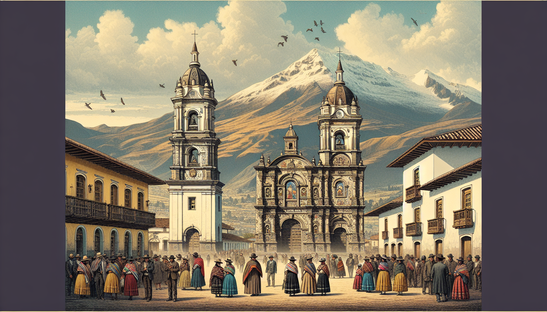 Create an image of the historic churches in Riobamba, Ecuador, showcasing their stunning colonial architecture. Include vibrant details like intricate façades, bell towers, and a picturesque backdrop