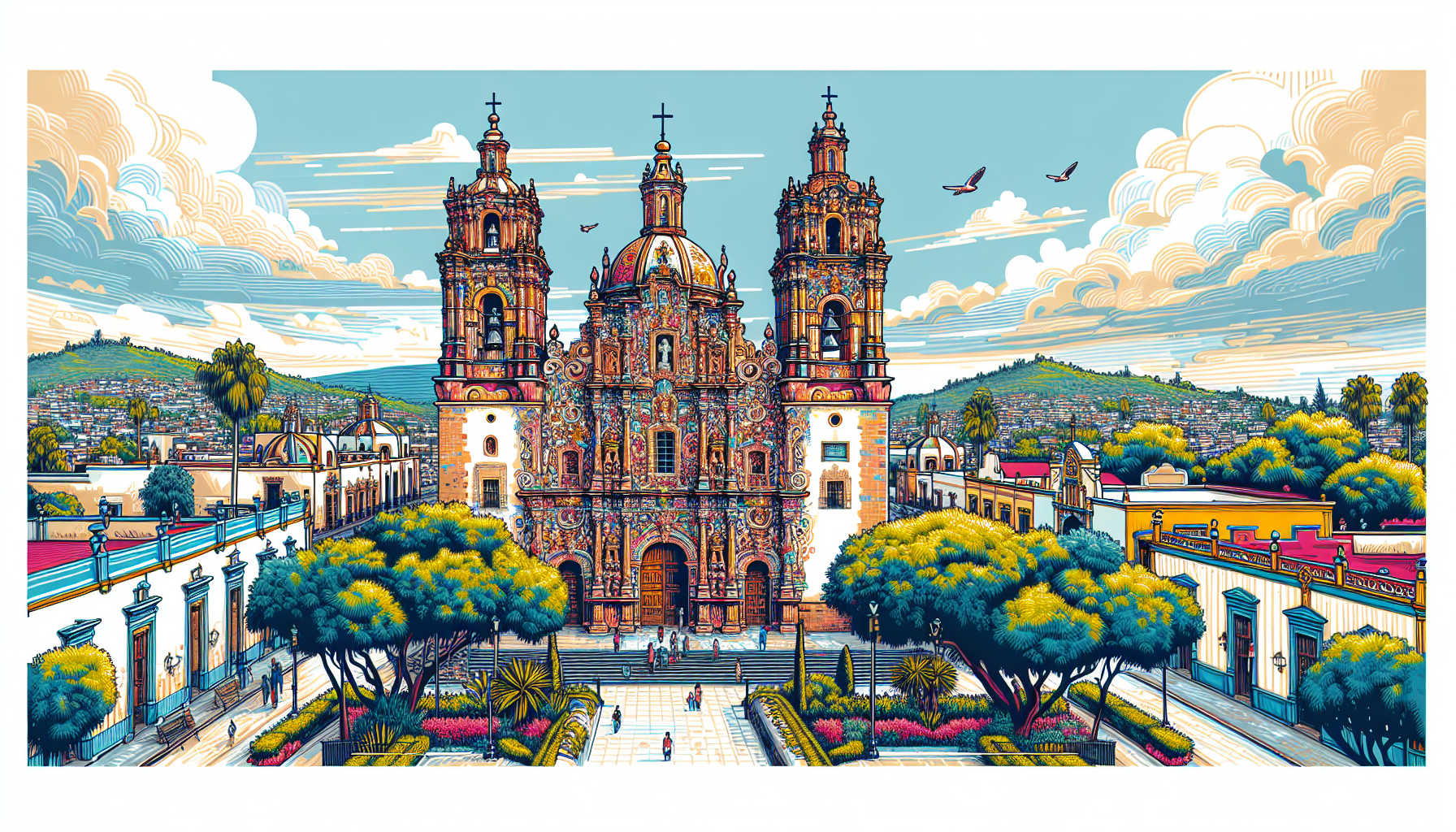 Create an image of a breathtaking colonial church in Aguascalientes, Mexico. The church should be rich in architectural details, showcasing intricate stonework and vibrant colors. The setting should i