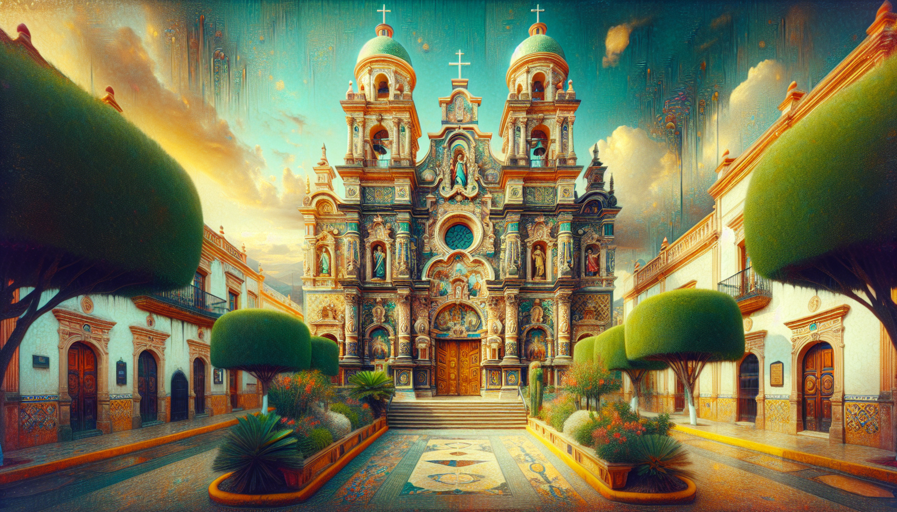 Create an image of a quintessential church in Saltillo, Mexico, showcasing the intricate architectural details and vibrant colors that highlight the beauty of the city’s religious landmarks. The churc